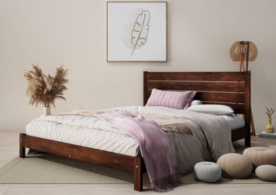 Nodax Small Double Bed Frame, F15, Solid Pine Wood, Easy Assembly, Sturdy Slats & Extra Support Legs, 4Ft, Walnut Finish - image 1