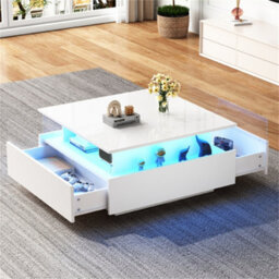 Abrihome Modern Led Coffee Table, Square Tea Table With 2 Sliding Drawers Wood Center Table Acrylic Glass Coffee Table, White - thumbnail 9