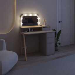 Decortie Avien Make-Up Dressing Table Set W/led Lights Mirror 3-Drawer 1-Door Storage 105(W)Cm Vanity Table (Light Mocha, Oak) - thumbnail 8
