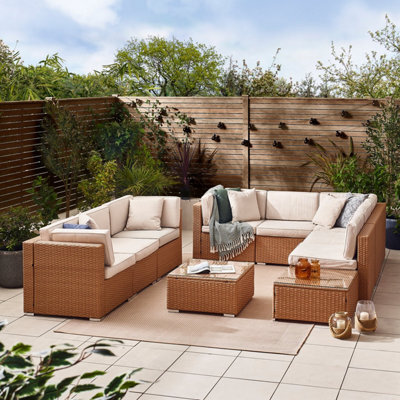 Furniturebox Orlando Beige Rattan Garden Sofa - Modular Outdoor Patio Garden Sofa, Table & 8 Chairs Garden Corner Sofa Set + Cover - image 1