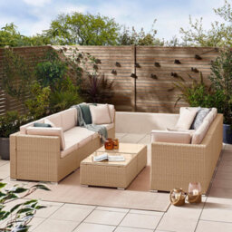 Furniturebox Orlando Beige Rattan Garden Sofa - Modular Outdoor Patio Garden Sofa, Table & 8 Chairs Garden Corner Sofa Set + Cover - thumbnail 2