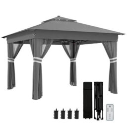 Outsunny 3.36X3.36M Pop Up Gazebo W/ Solar-Powered Led Lights Netting Grey - thumbnail 2