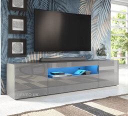 Furneo 200Cm Long Tv Stand Unit Cabinet Matt & High Gloss Grey Clifton 08G Blue Led Ligh - thumbnail 1