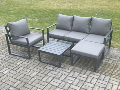 Fimous Aluminium Outdoor Garden Furniture Set Lounge Sofa Chair Square Coffee Table Sets With Big Footstool Dark Grey - image 1
