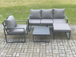 Fimous Aluminium Outdoor Garden Furniture Set Lounge Sofa Chair Square Coffee Table Sets With Big Footstool Dark Grey - thumbnail 2