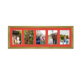 AK Frames 26X8 Gold Classic Multi Photo Frame With Poppy Red Mount - Holds 5 Apertures (5X) 6X4 Photos