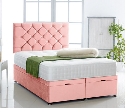 Comfy Deluxe Pink Plush Foot Lift Ottoman Bed With Memory Spring Mattress And    Studded    Headboard 4Ft6 Double - image 1