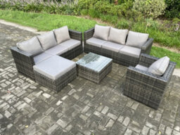 Fimous Rattan Garden Furniture Sofa Set With Armchair Square Coffee Table Big Footstool Indoor Outdoor 8 Seater Rattan Set - thumbnail 1