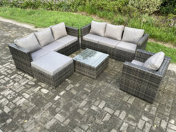 Fimous Rattan Garden Furniture Sofa Set With Armchair Square Coffee Table Big Footstool Indoor Outdoor 8 Seater Rattan Set - thumbnail 2