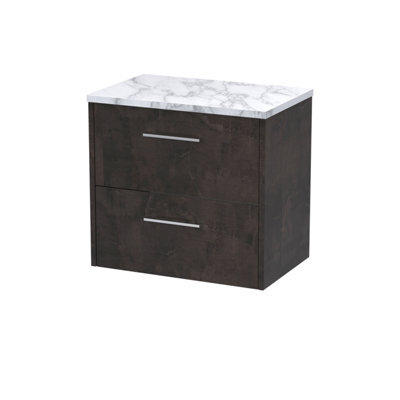 Hudson Reed Juno Wall Hung 2 Drawer Vanity & Carrera Marble Worktop, Metallic Slate Woodgrain, 605 X 390 mm - image 1