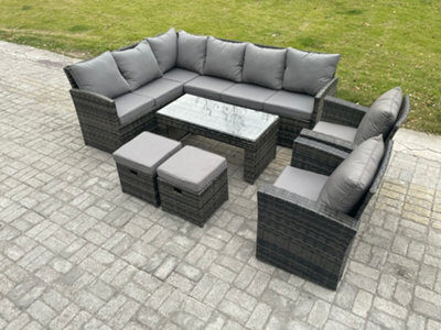 Fimous Rattan Garden Furniture Sets High Back Corner Sofa Oblong Coffee Table Set With 2 Small Footstool 2 Armchairs - image 1