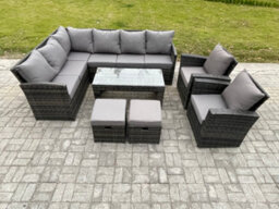 Fimous Rattan Garden Furniture Sets High Back Corner Sofa Oblong Coffee Table Set With 2 Small Footstool 2 Armchairs - thumbnail 2