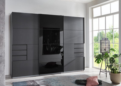 Divac 3 Door Sliding Wardrobe With Drawers And Black Glass 270Cm - image 1