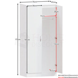 Lassic Vida Designs Riano White 2 Door Wardrobe (H)1700mm (W)760mm (D)470mm - thumbnail 8