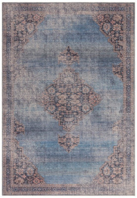 Traditional Blue Persian Bordered Abstract Floral Easy To Clean Rug For Living Room Bedroom & Dining Room-120Cm X 170Cm - image 1