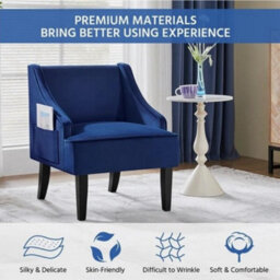 Modern Armchair Velvet Accent Chair With Rubberwood Legs For Living Room Blue - thumbnail 4