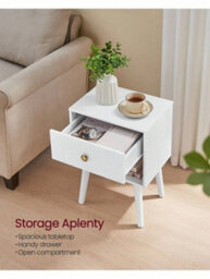 Songmics Vasagle Bedside Table, Side Table With Storage Drawer And Open Shelf, Solid Wood Legs,for Living Room,ebony Black,cloud White - thumbnail 4