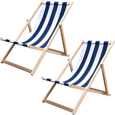 Novecrafto Classic Folding Wood Deck Chairs Set Of 2 - Adjustable Deck Chair For Beach/garden - Seaside Lounger With Navy Blue Canvas Fabric - image 1