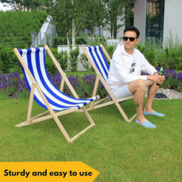 Novecrafto Classic Folding Wood Deck Chairs Set Of 2 - Adjustable Deck Chair For Beach/garden - Seaside Lounger With Navy Blue Canvas Fabric - thumbnail 7