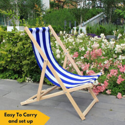 Novecrafto Classic Folding Wood Deck Chairs Set Of 2 - Adjustable Deck Chair For Beach/garden - Seaside Lounger With Navy Blue Canvas Fabric - thumbnail 6