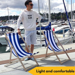 Novecrafto Classic Folding Wood Deck Chairs Set Of 2 - Adjustable Deck Chair For Beach/garden - Seaside Lounger With Navy Blue Canvas Fabric - thumbnail 8