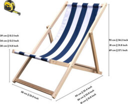 Novecrafto Classic Folding Wood Deck Chairs Set Of 2 - Adjustable Deck Chair For Beach/garden - Seaside Lounger With Navy Blue Canvas Fabric - thumbnail 3