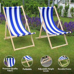 Novecrafto Classic Folding Wood Deck Chairs Set Of 2 - Adjustable Deck Chair For Beach/garden - Seaside Lounger With Navy Blue Canvas Fabric - thumbnail 2