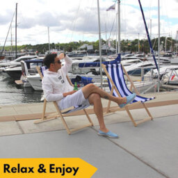 Novecrafto Classic Folding Wood Deck Chairs Set Of 2 - Adjustable Deck Chair For Beach/garden - Seaside Lounger With Navy Blue Canvas Fabric - thumbnail 5