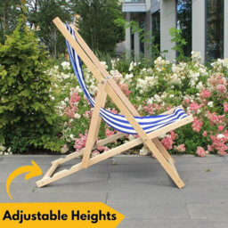Novecrafto Classic Folding Wood Deck Chairs Set Of 2 - Adjustable Deck Chair For Beach/garden - Seaside Lounger With Navy Blue Canvas Fabric - thumbnail 4