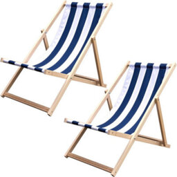 Novecrafto Classic Folding Wood Deck Chairs Set Of 2 - Adjustable Deck Chair For Beach/garden - Seaside Lounger With Navy Blue Canvas Fabric - thumbnail 1