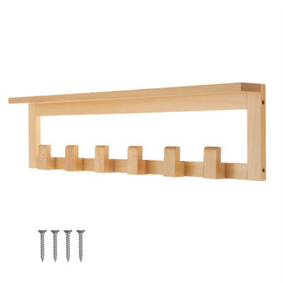 Keypak Beech Wooden Coat Rack With Shelf, 68Cm Wall-Mounted 6 Hooks Storage Shelf All-Wood - image 1