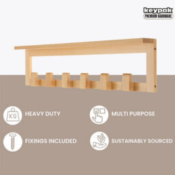 Keypak Beech Wooden Coat Rack With Shelf, 68Cm Wall-Mounted 6 Hooks Storage Shelf All-Wood - thumbnail 5