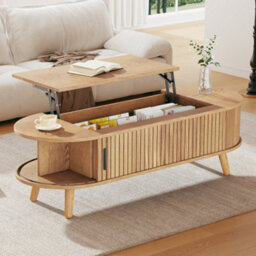 Btm Lift Top Oval Coffee Table With Hidden Storage, Height Adjustable Centre Table, Space Saving Sofa Side Table, Natural Wood - thumbnail 1