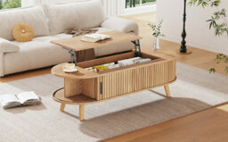 Btm Lift Top Oval Coffee Table With Hidden Storage, Height Adjustable Centre Table, Space Saving Sofa Side Table, Natural Wood - thumbnail 6