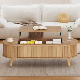 Btm Lift Top Oval Coffee Table With Hidden Storage, Height Adjustable Centre Table, Space Saving Sofa Side Table, Natural Wood - thumbnail 3