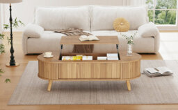 Btm Lift Top Oval Coffee Table With Hidden Storage, Height Adjustable Centre Table, Space Saving Sofa Side Table, Natural Wood - thumbnail 4