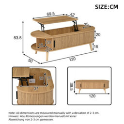 Btm Lift Top Oval Coffee Table With Hidden Storage, Height Adjustable Centre Table, Space Saving Sofa Side Table, Natural Wood - thumbnail 7