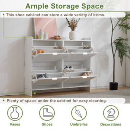Abrihome Modern Shoe Cabinet 110X90X24Cm With 4 Flip Drawers & Open Shelves, Freestanding Shoe Storage For Entryway & Hallway, White - thumbnail 4