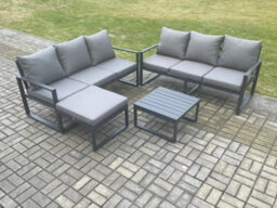 Fimous Aluminium 4 Pieces Garden Furniture Sofa Set With Cushions 7 Seater Outdoor Patio Set With Coffee Table Big Footstool - thumbnail 1