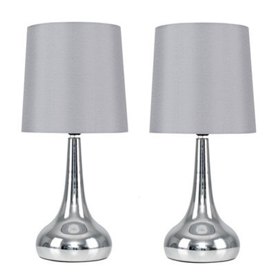 Valuelights Teardrop Pair Of Chrome Touch Table Lamps With Grey Shade And Bulbs - image 1