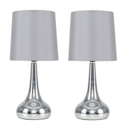 Valuelights Teardrop Pair Of Chrome Touch Table Lamps With Grey Shade And Bulbs - thumbnail 1