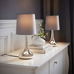 Valuelights Teardrop Pair Of Chrome Touch Table Lamps With Grey Shade And Bulbs - thumbnail 2