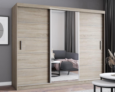 Fhif Dallas 250Cm Oak Sliding Door Wardrobe Modern Bedroom Storage With Full Length Mirror Shelves And Hanging Rails - image 1