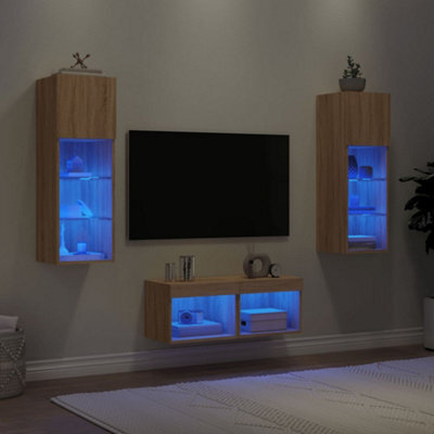 Berkfield 4 Piece Tv Wall Cabinets With Led Lights Sonoma Oak - image 1