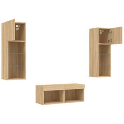 Berkfield 4 Piece Tv Wall Cabinets With Led Lights Sonoma Oak - thumbnail 6