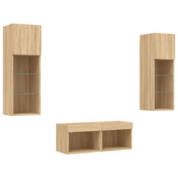 Berkfield 4 Piece Tv Wall Cabinets With Led Lights Sonoma Oak - thumbnail 3