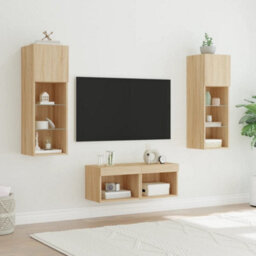 Berkfield 4 Piece Tv Wall Cabinets With Led Lights Sonoma Oak - thumbnail 4