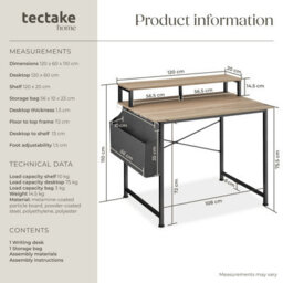 Tectake Desk - With Shelving And Fabric Storage Bag 120 Cm - Industrial Wood Light, Oak Sonoma - thumbnail 6