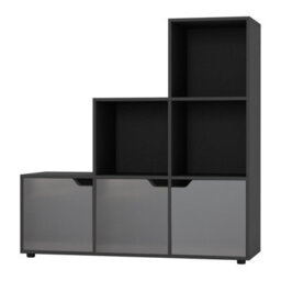 Urbn-Living Urbnliving Height 90.5Cm 6 Cube Step Storage Black Bookcase And Grey Doors For Home Office Organizer Display Shelf Unit - thumbnail 3