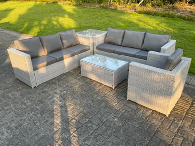 Fimous Light Grey Outdoor Rattan Garden Furniture Set Corner Sofa Set Oblong Square Coffee Table Armchair - image 1